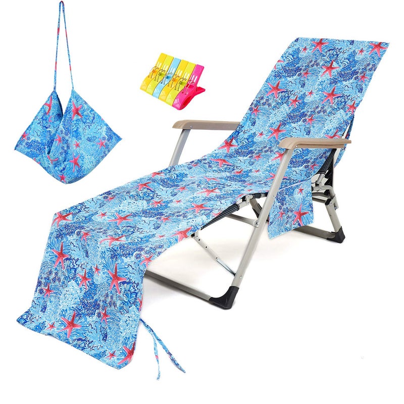 VOCOOL 85 x 30 inch Beach Chair Towel Cover Chaise Chair Cover with Pockets and Clips Pool Chair Cover Chaise Lounge Towel Cover for Sun Lounger Sunbathing Garden Beach Hotel, No Sliding (Starfish) - Image 1